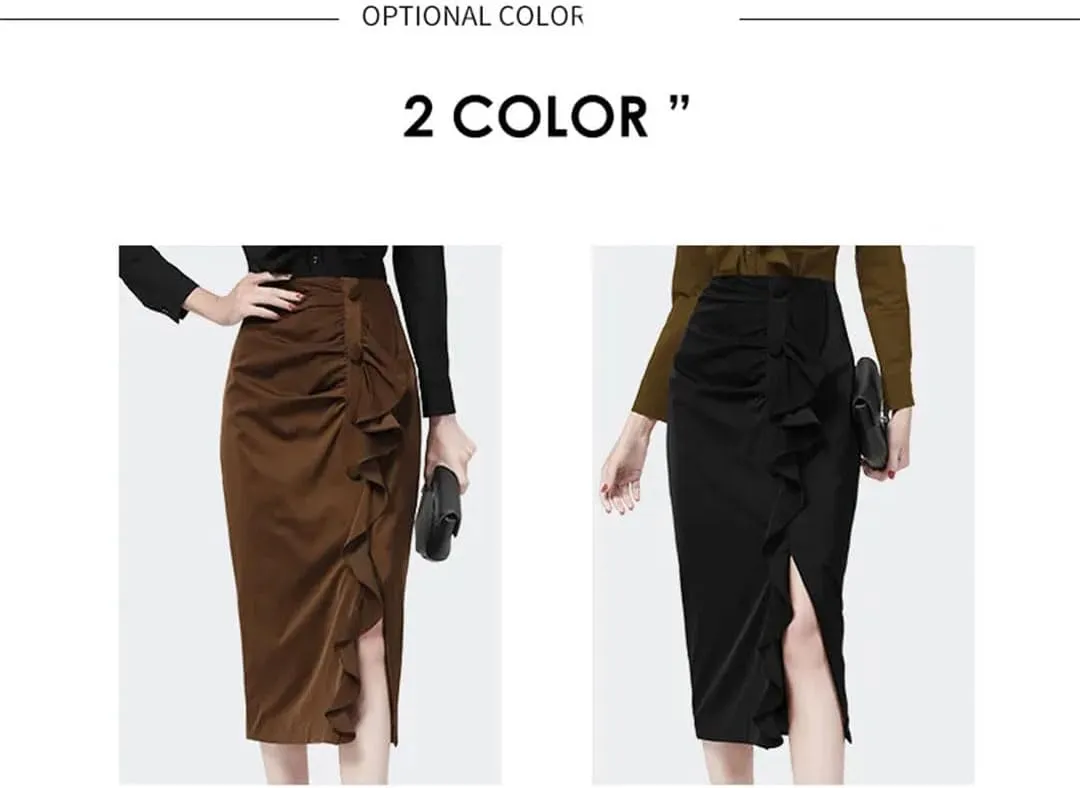Women Sexy Ruffles Pencil Skirt Mid-Length Solid Color High Waist Slimming Midi Skirts