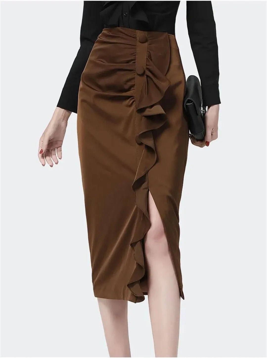 Women Sexy Ruffles Pencil Skirt Mid-Length Solid Color High Waist Slimming Midi Skirts