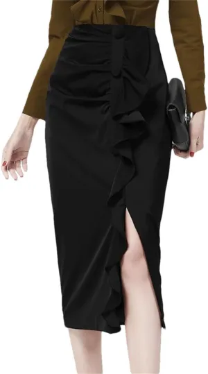 Women Sexy Ruffles Pencil Skirt Mid-Length Solid Color High Waist Slimming Midi Skirts