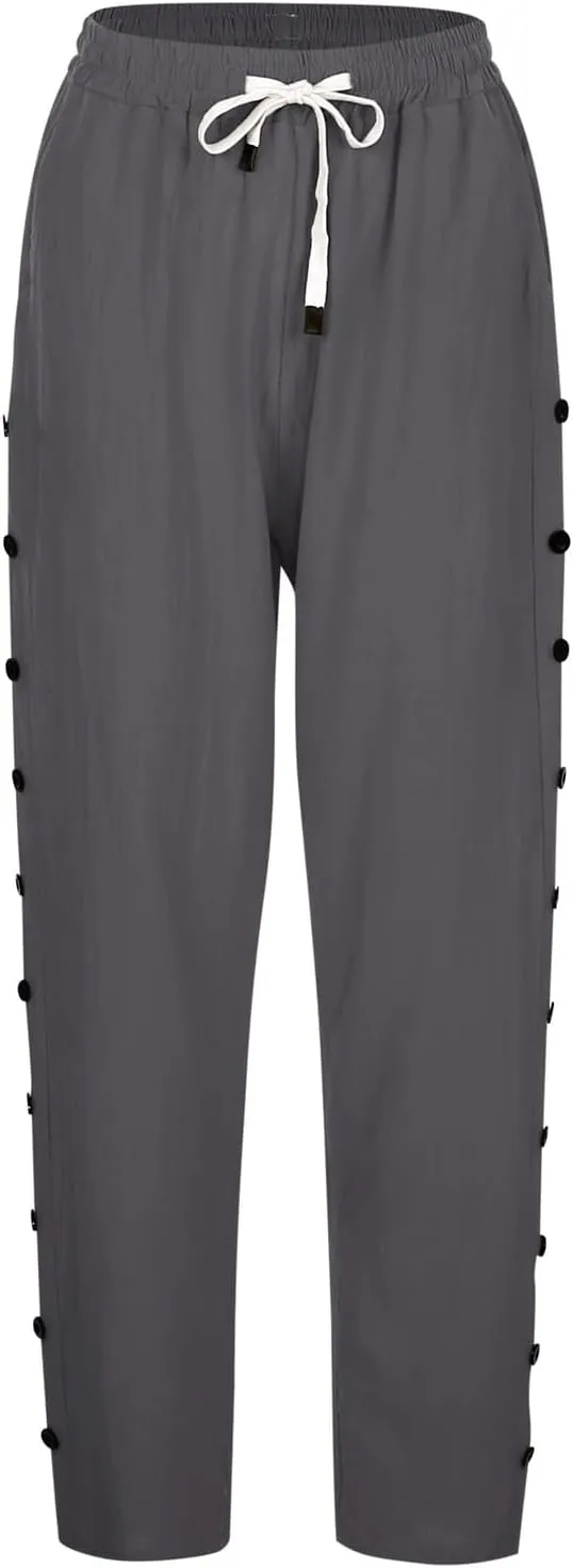 Women Solid Cotton Linen Straight Pants High Waisted Palazzo Trousers Casual Loose Elastic Wide Leg Pant for Summer Beach