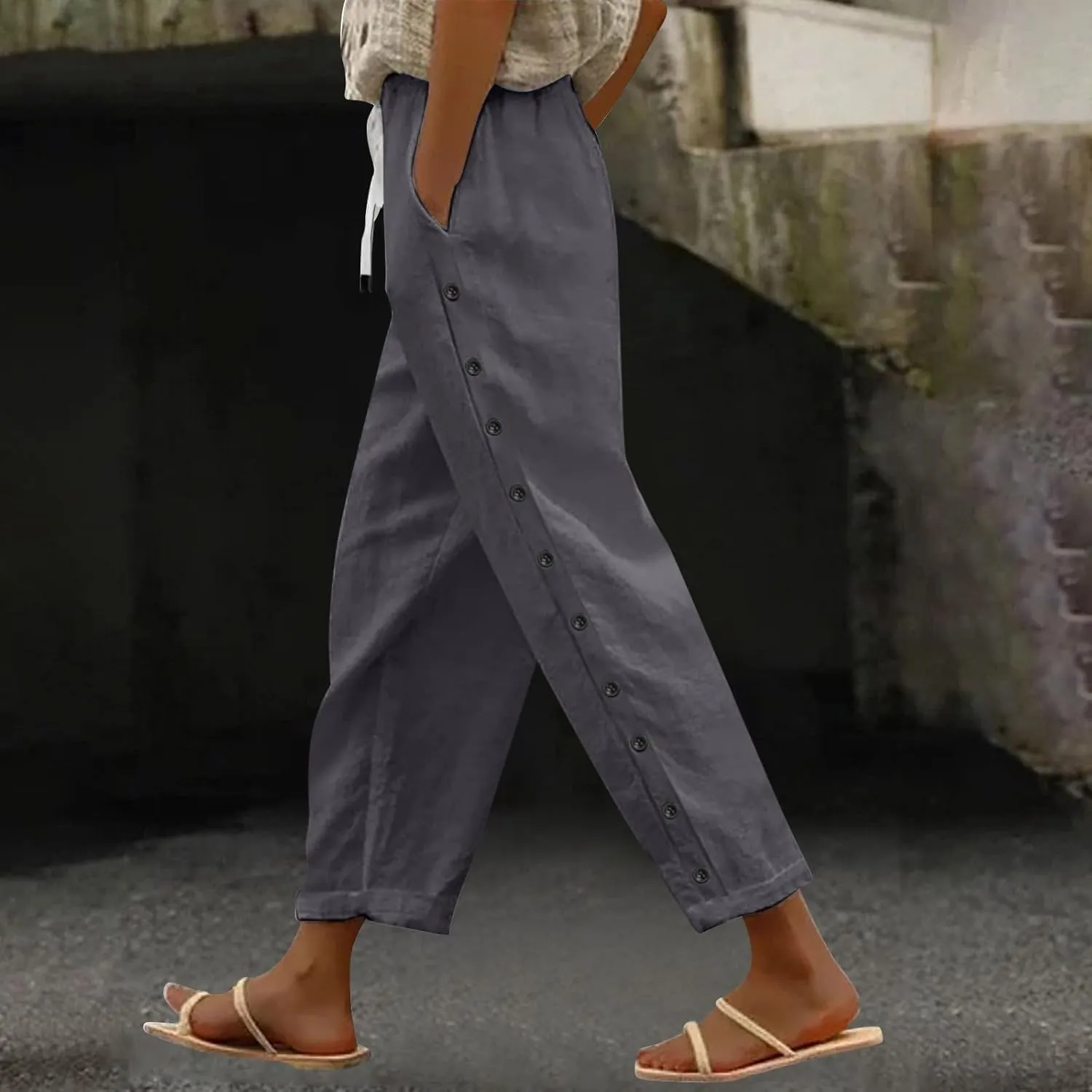 Women Solid Cotton Linen Straight Pants High Waisted Palazzo Trousers Casual Loose Elastic Wide Leg Pant for Summer Beach
