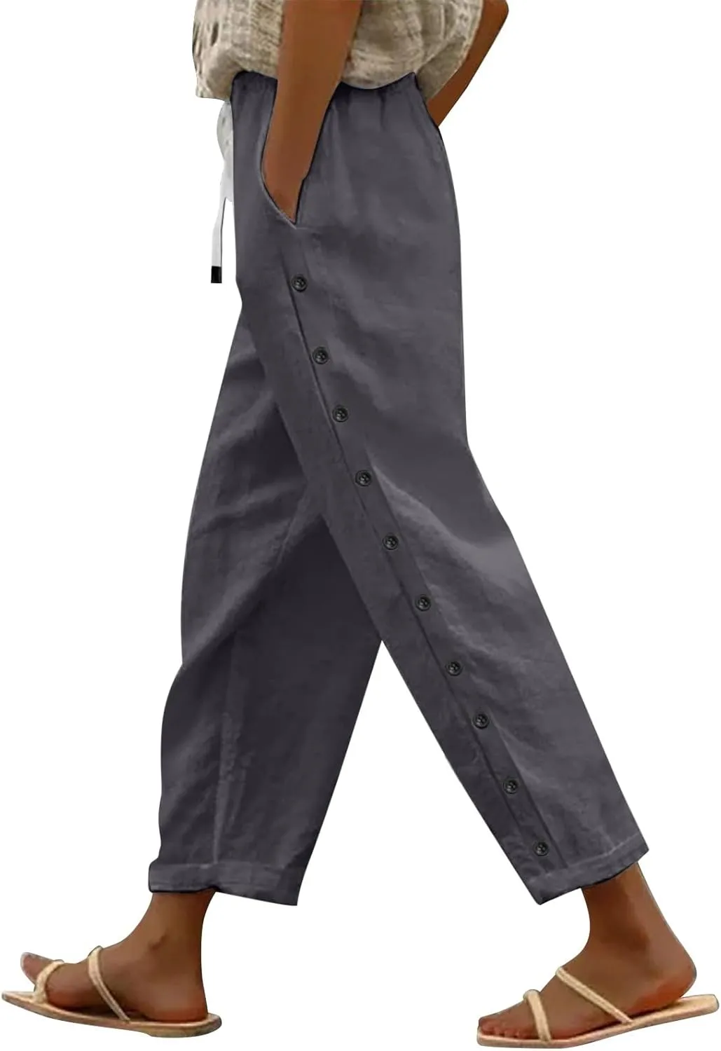 Women Solid Cotton Linen Straight Pants High Waisted Palazzo Trousers Casual Loose Elastic Wide Leg Pant for Summer Beach