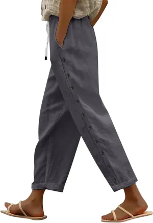 Women Solid Cotton Linen Straight Pants High Waisted Palazzo Trousers Casual Loose Elastic Wide Leg Pant for Summer Beach