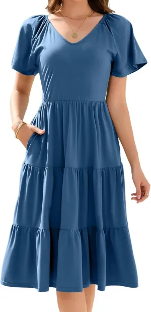 Women Spring Summer Dress 2025 Short Sleeve V Neck Midi Dresses Breathable Cotton Casual Boho Beach Vacation Sundress