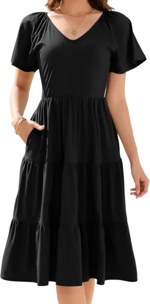 Women Spring Summer Dress 2025 Short Sleeve V Neck Midi Dresses Breathable Cotton Casual Boho Beach Vacation Sundress