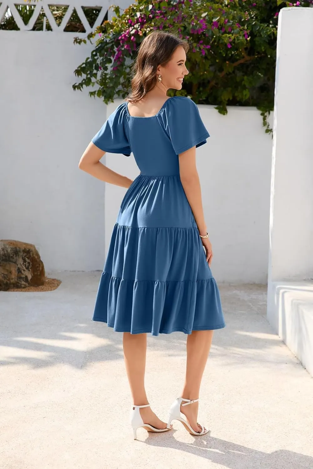 Women Spring Summer Dress 2025 Short Sleeve V Neck Midi Dresses Breathable Cotton Casual Boho Beach Vacation Sundress