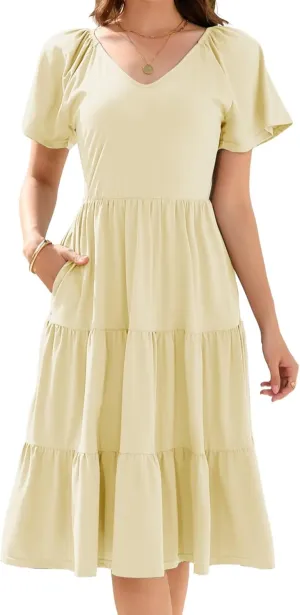 Women Spring Summer Dress 2025 Short Sleeve V Neck Midi Dresses Breathable Cotton Casual Boho Beach Vacation Sundress