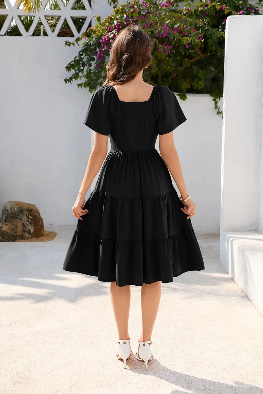 Women Spring Summer Dress 2025 Short Sleeve V Neck Midi Dresses Breathable Cotton Casual Boho Beach Vacation Sundress