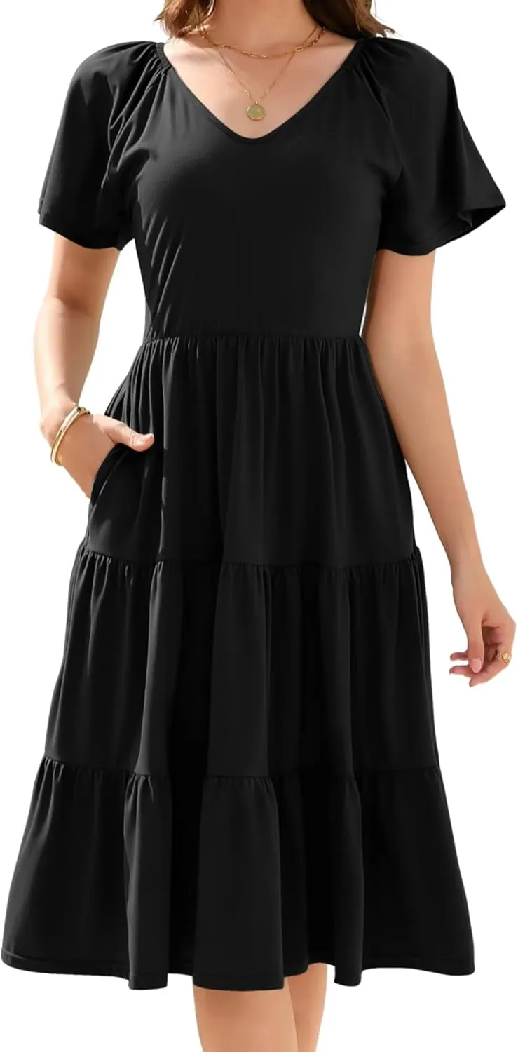 Women Spring Summer Dress 2025 Short Sleeve V Neck Midi Dresses Breathable Cotton Casual Boho Beach Vacation Sundress