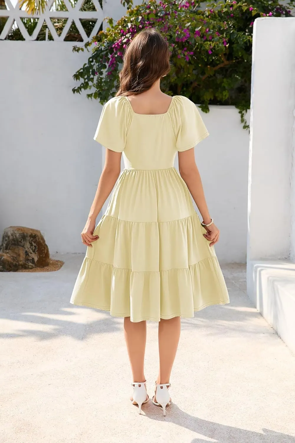 Women Spring Summer Dress 2025 Short Sleeve V Neck Midi Dresses Breathable Cotton Casual Boho Beach Vacation Sundress