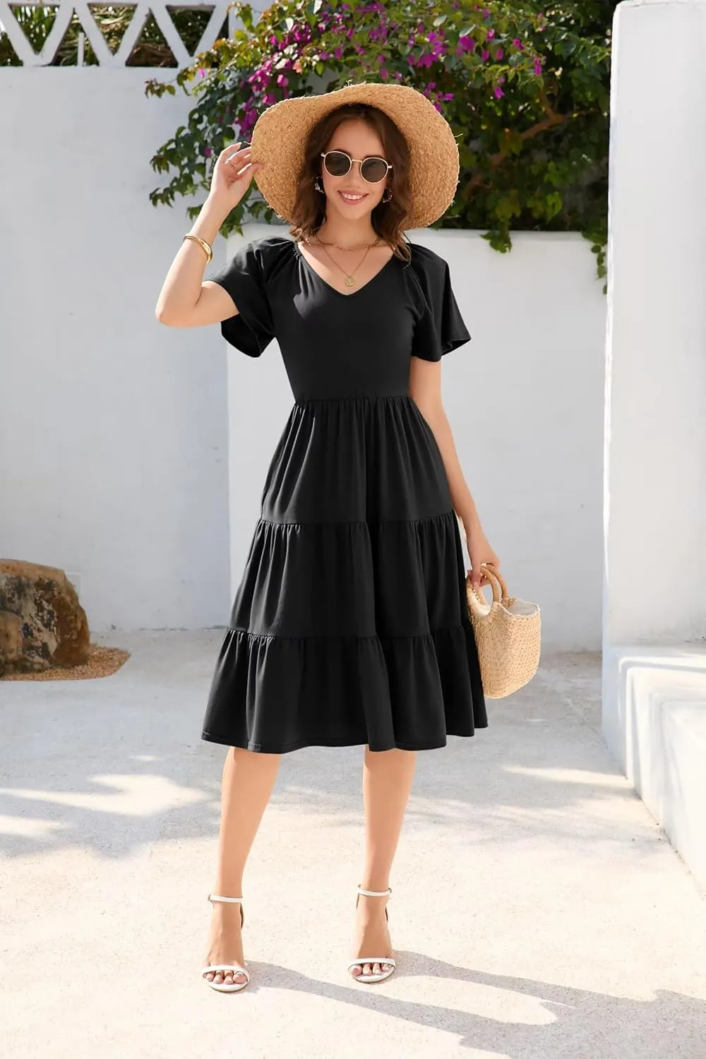 Women Spring Summer Dress 2025 Short Sleeve V Neck Midi Dresses Breathable Cotton Casual Boho Beach Vacation Sundress