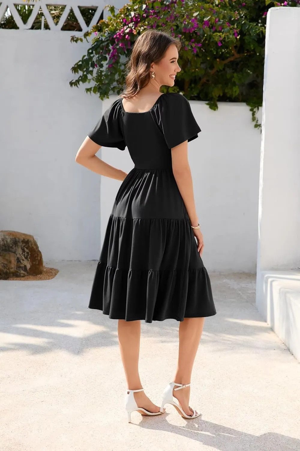 Women Spring Summer Dress 2025 Short Sleeve V Neck Midi Dresses Breathable Cotton Casual Boho Beach Vacation Sundress
