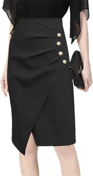 Women Straight Midi Skirt High Waist Solid Color Slit Design Pencil Elegant Skirts