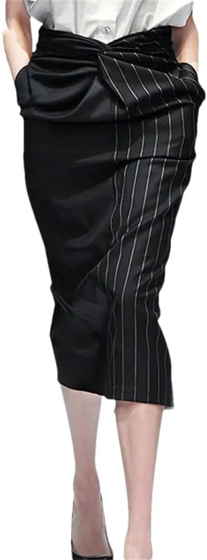 Women Stripes Skinny Pencil Skirt High Waist with Pockets Wrapped Midi Skirts for Office Skinny Skirts