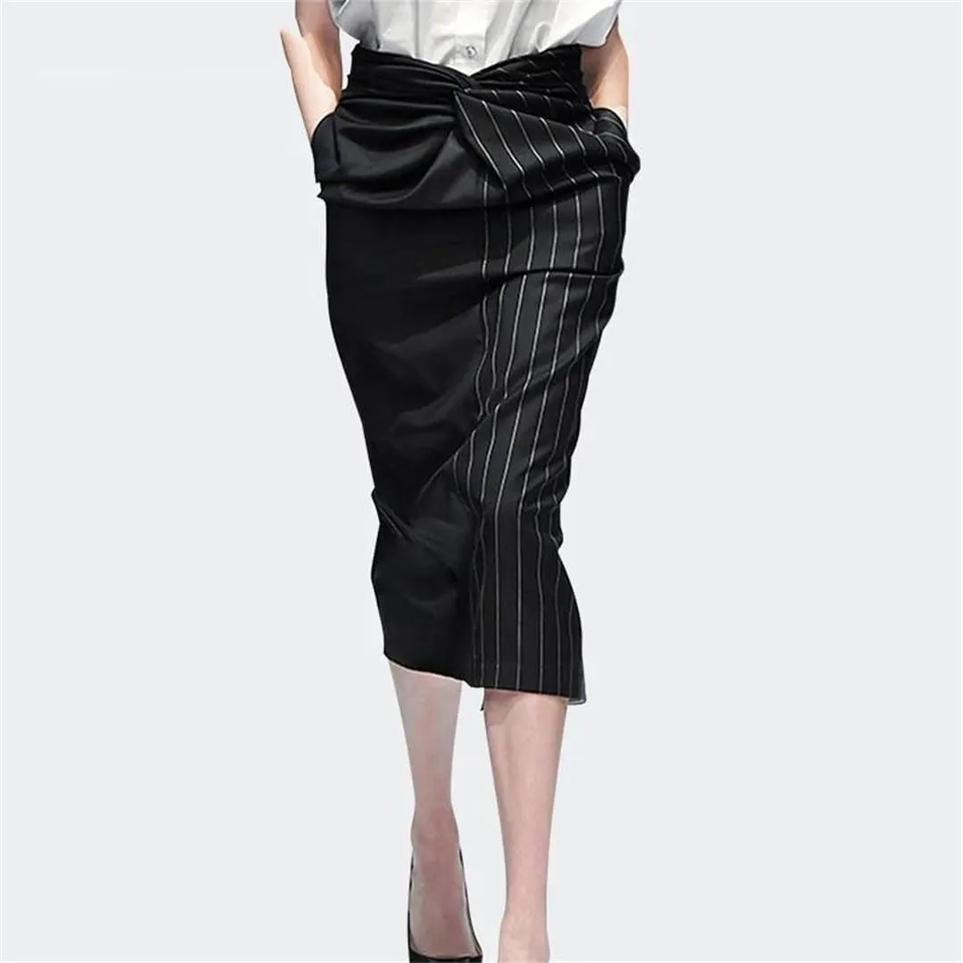 Women Stripes Skinny Pencil Skirt High Waist with Pockets Wrapped Midi Skirts for Office Skinny Skirts