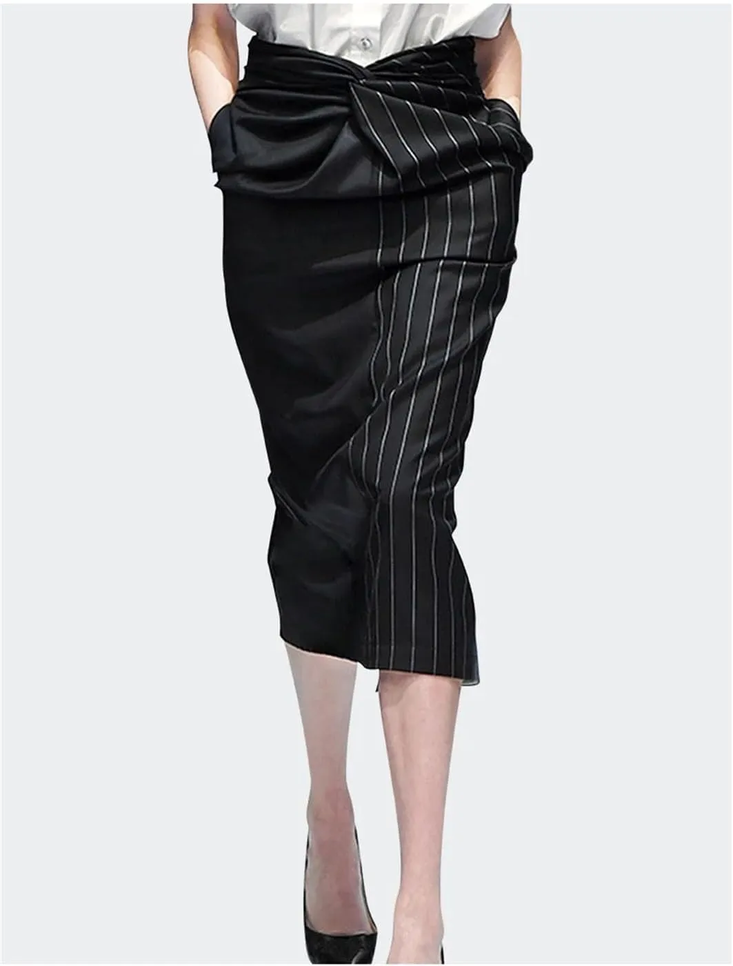 Women Stripes Skinny Pencil Skirt High Waist with Pockets Wrapped Midi Skirts for Office Skinny Skirts