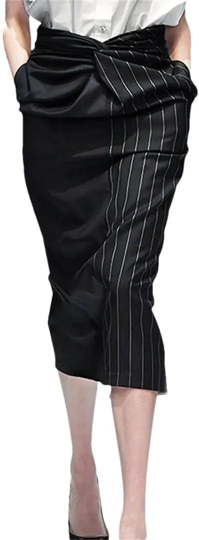 Women Stripes Skinny Pencil Skirt High Waist with Pockets Wrapped Midi Skirts for Office Skinny Skirts