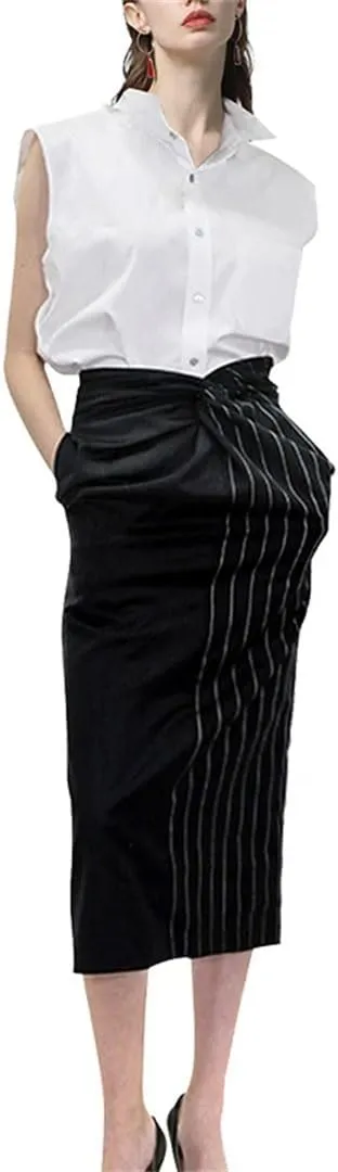 Women Stripes Skinny Pencil Skirt High Waist with Pockets Wrapped Midi Skirts for Office Skinny Skirts