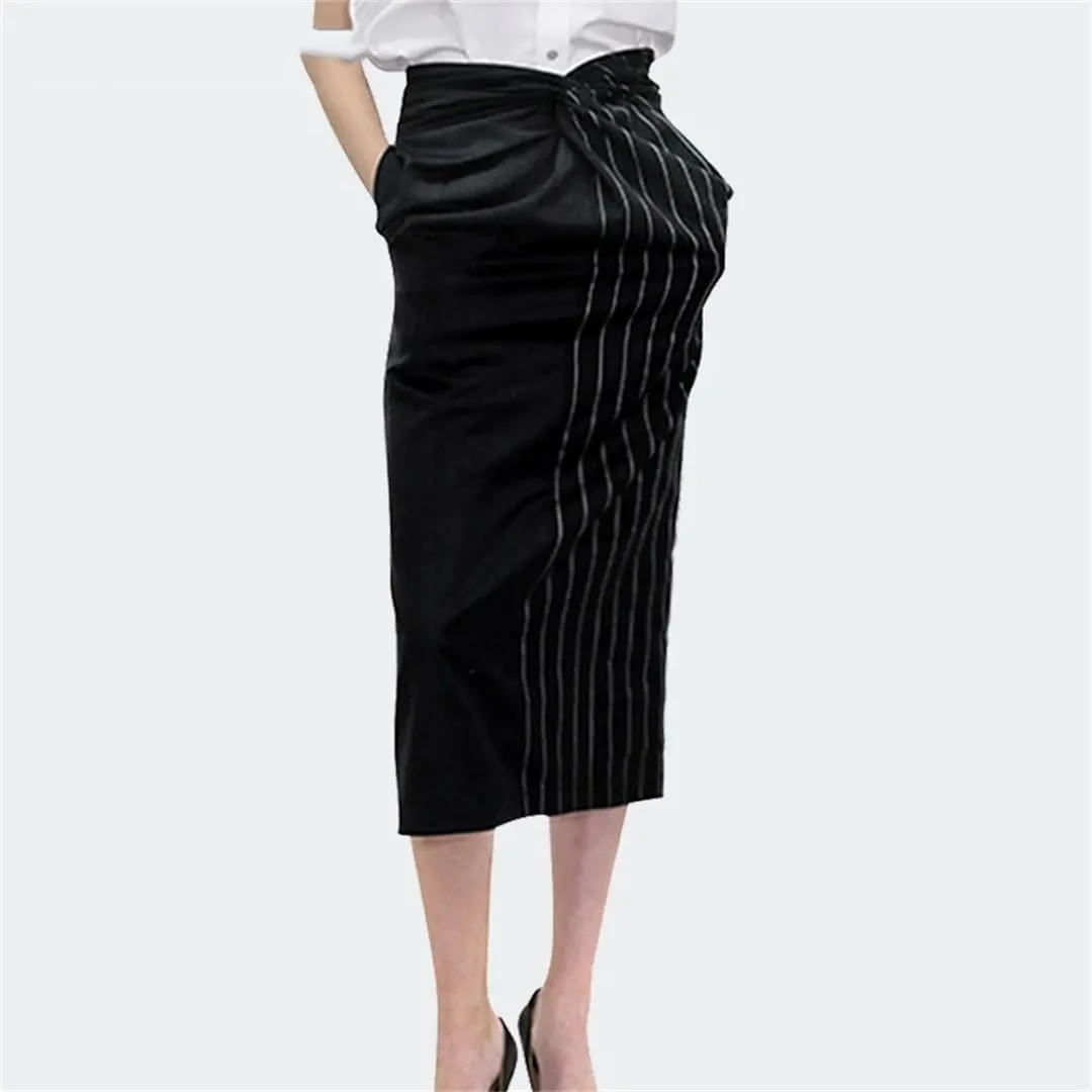 Women Stripes Skinny Pencil Skirt High Waist with Pockets Wrapped Midi Skirts for Office Skinny Skirts