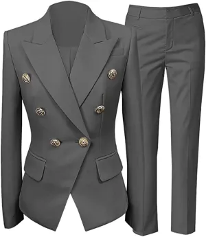 Women Suit Set 2 Pieces Pant Suits Notched Lapel Double Breasted Blazer and Pants Set for Office Work Elegant Lady Suits