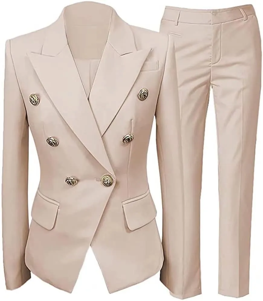 Women Suit Set 2 Pieces Pant Suits Notched Lapel Double Breasted Blazer and Pants Set for Office Work Elegant Lady Suits