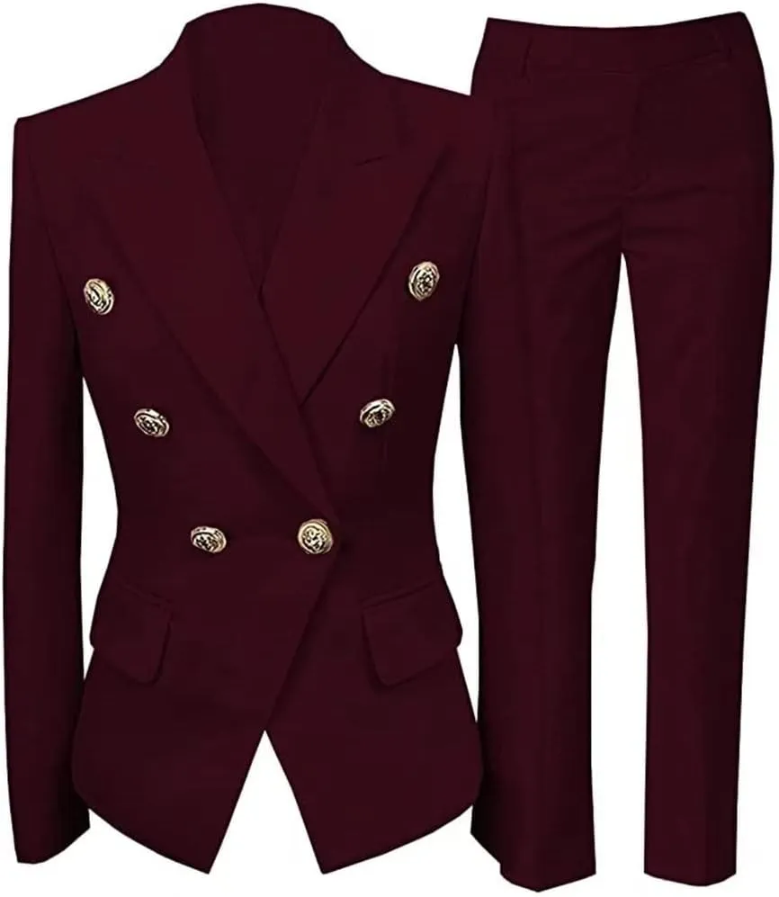 Women Suit Set 2 Pieces Pant Suits Notched Lapel Double Breasted Blazer and Pants Set for Office Work Elegant Lady Suits