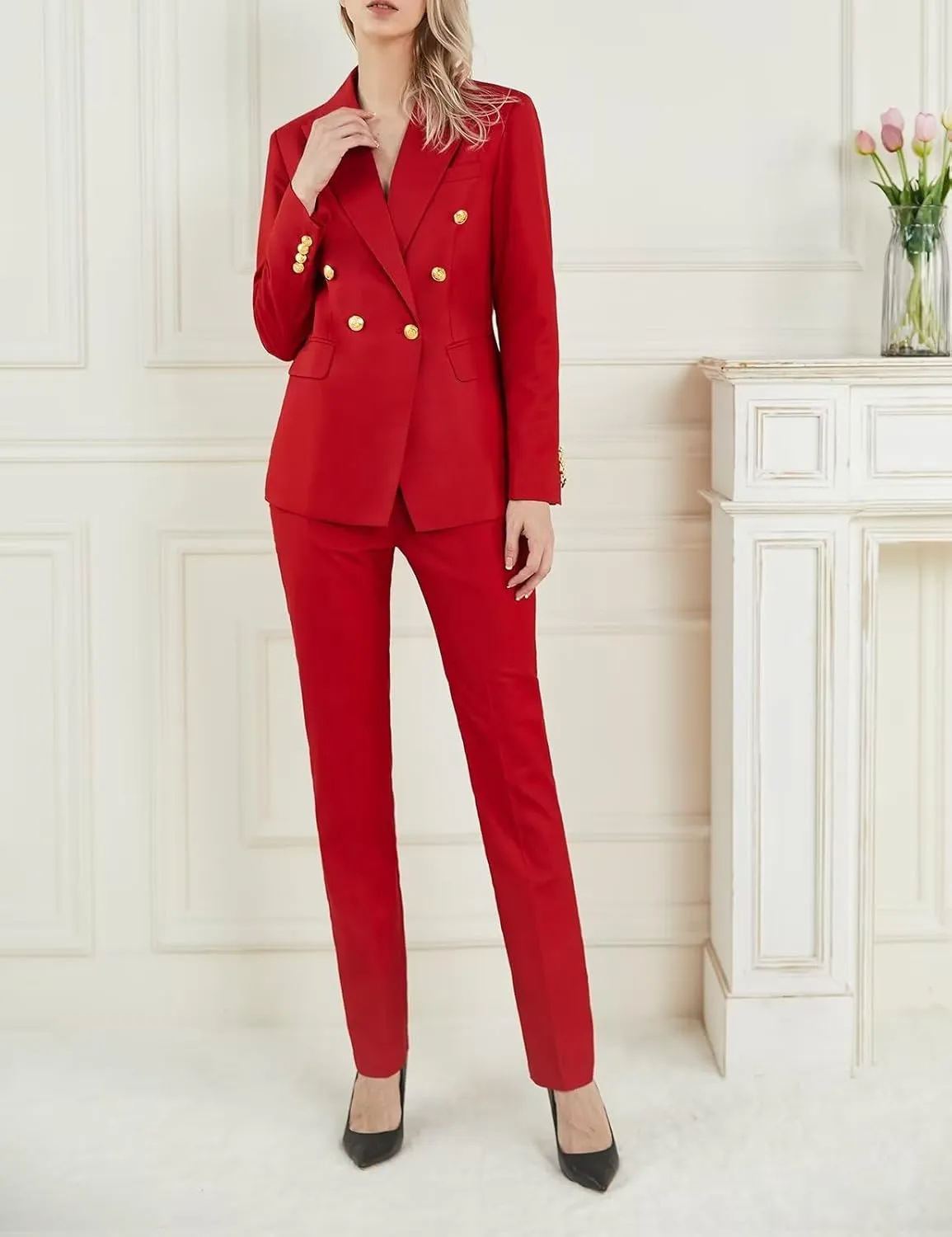 Women Suit Set 2 Pieces Pant Suits Notched Lapel Double Breasted Blazer and Pants Set for Office Work Elegant Lady Suits