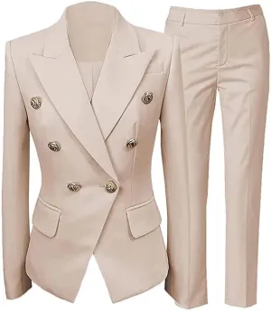Women Suit Set 2 Pieces Pant Suits Notched Lapel Double Breasted Blazer and Pants Set for Office Work Elegant Lady Suits