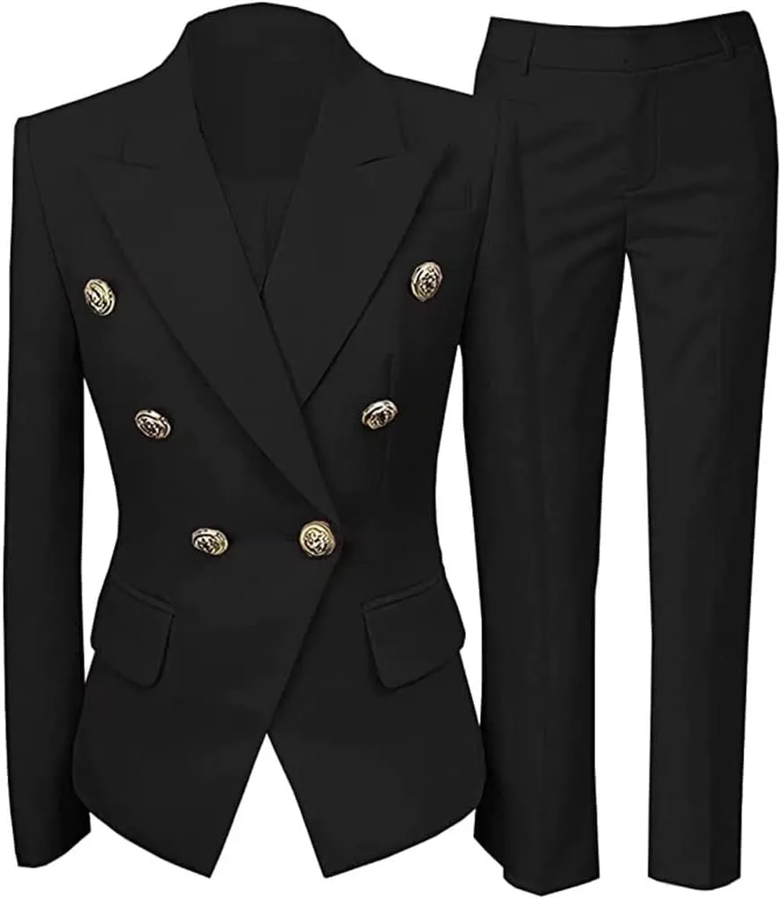 Women Suit Set 2 Pieces Pant Suits Notched Lapel Double Breasted Blazer and Pants Set for Office Work Elegant Lady Suits