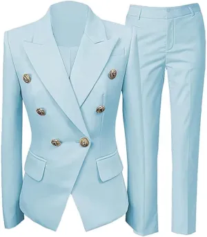 Women Suit Set 2 Pieces Pant Suits Notched Lapel Double Breasted Blazer and Pants Set for Office Work Elegant Lady Suits
