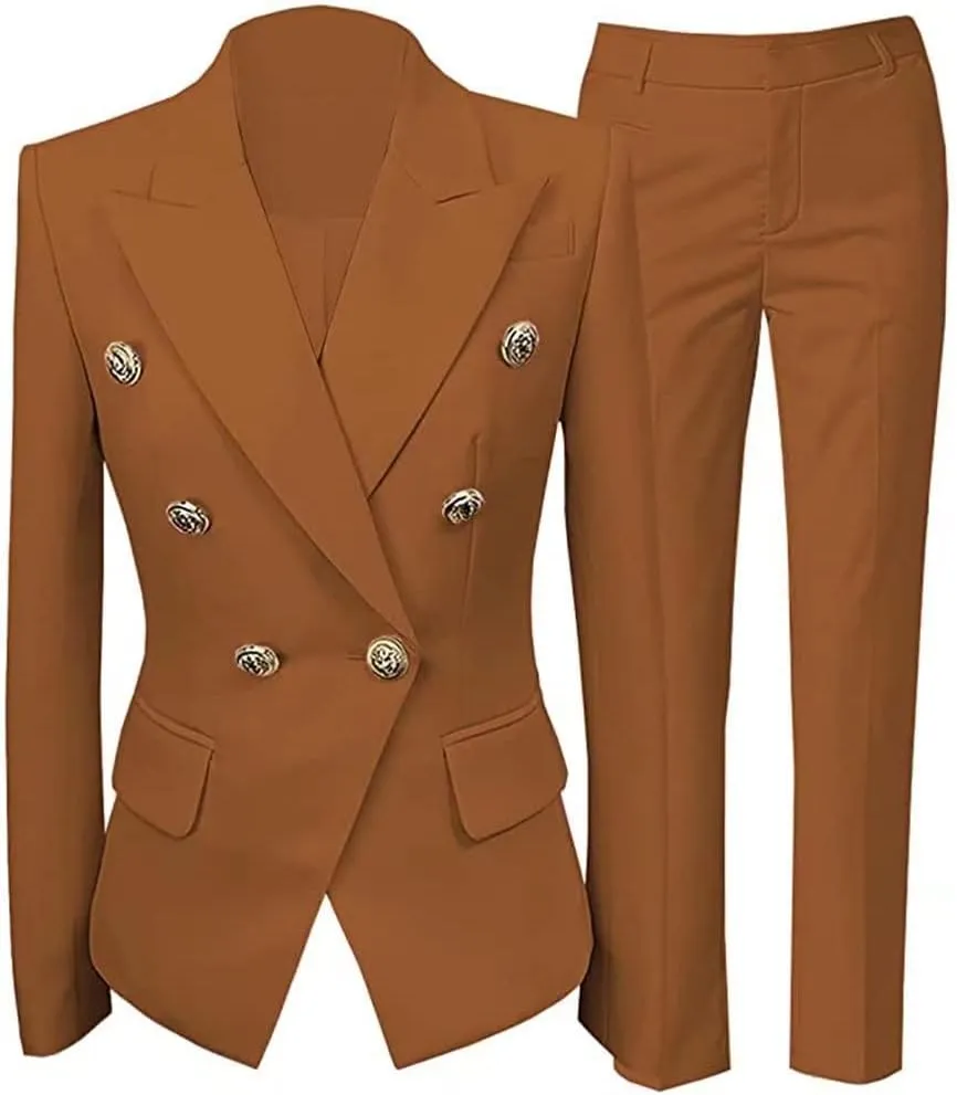 Women Suit Set 2 Pieces Pant Suits Notched Lapel Double Breasted Blazer and Pants Set for Office Work Elegant Lady Suits