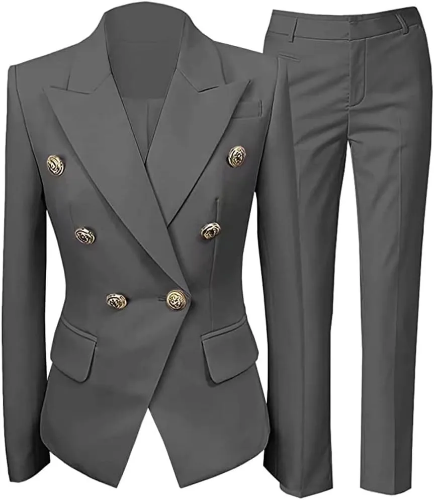 Women Suit Set 2 Pieces Pant Suits Notched Lapel Double Breasted Blazer and Pants Set for Office Work Elegant Lady Suits