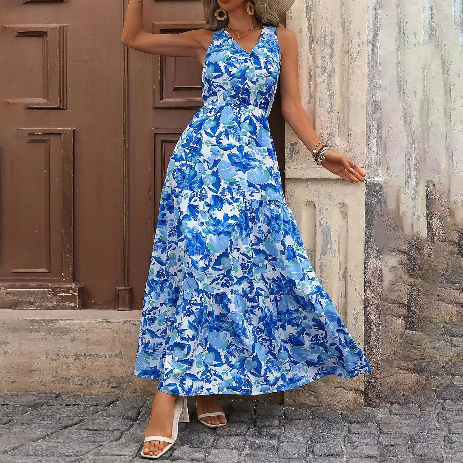 Women Summer Dresses Casual Sleeveless Maxi Dresses Cute Flowy Floral Dress Boho Long Dress Hawaiian Beach Dress