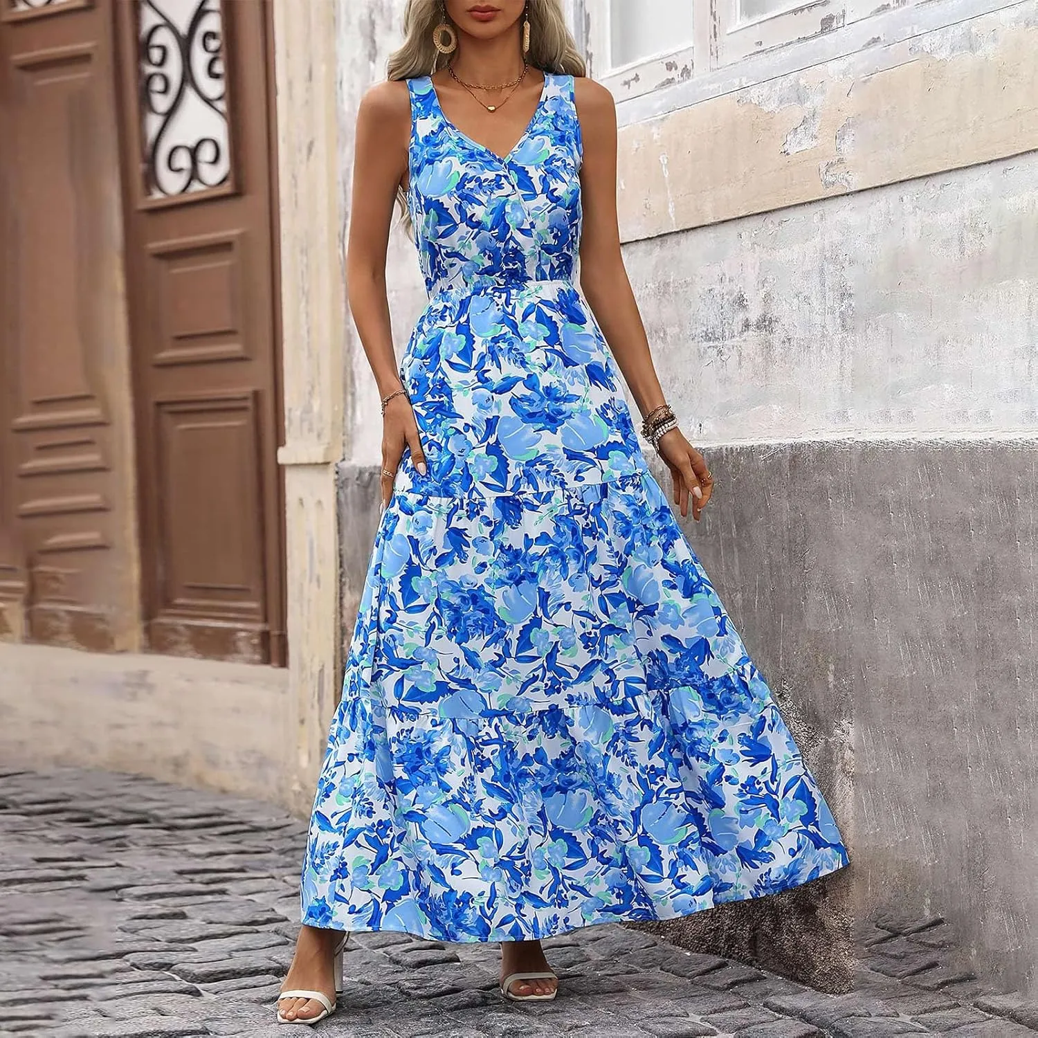 Women Summer Dresses Casual Sleeveless Maxi Dresses Cute Flowy Floral Dress Boho Long Dress Hawaiian Beach Dress