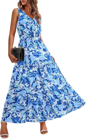 Women Summer Dresses Casual Sleeveless Maxi Dresses Cute Flowy Floral Dress Boho Long Dress Hawaiian Beach Dress