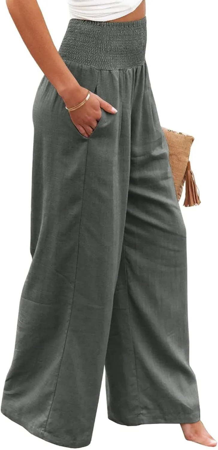 Women Summer High Waisted Cotton Linen Palazzo Pants Casual Boho Wide Leg 2025 Beach Lounge Trousers with Pocket