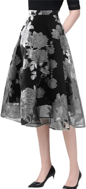 Women Summer Mid-Length High Waist A-Line Midi Skirts Vintage Embroidered Floral Organza Skirt