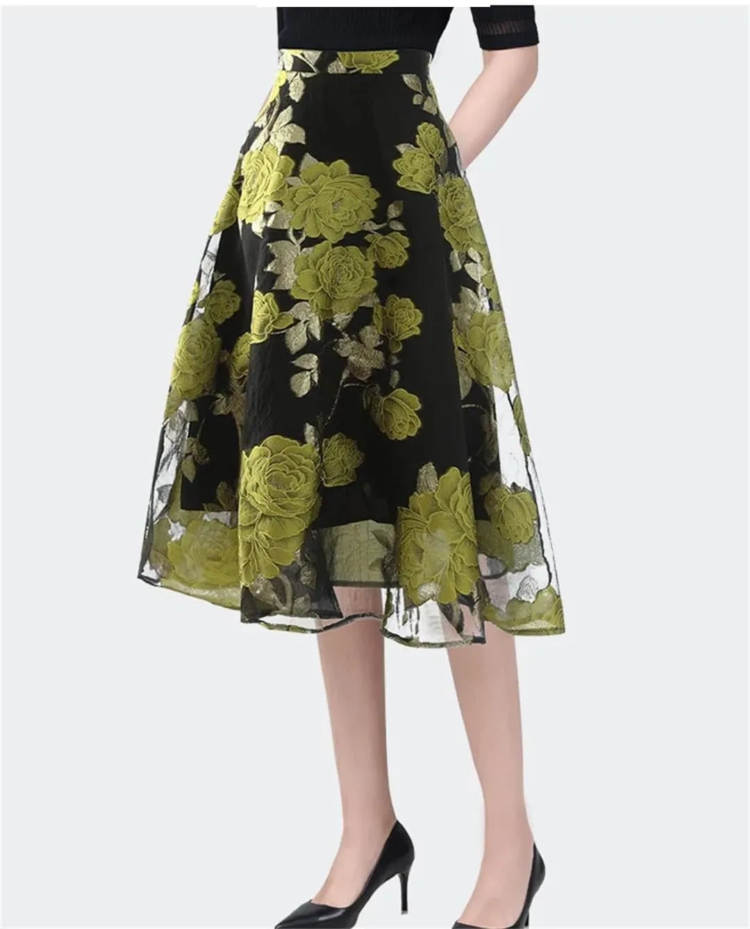 Women Summer Mid-Length High Waist A-Line Midi Skirts Vintage Embroidered Floral Organza Skirt