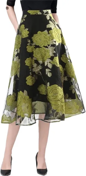 Women Summer Mid-Length High Waist A-Line Midi Skirts Vintage Embroidered Floral Organza Skirt
