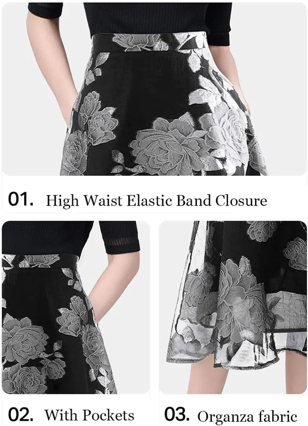 Women Summer Mid-Length High Waist A-Line Midi Skirts Vintage Embroidered Floral Organza Skirt