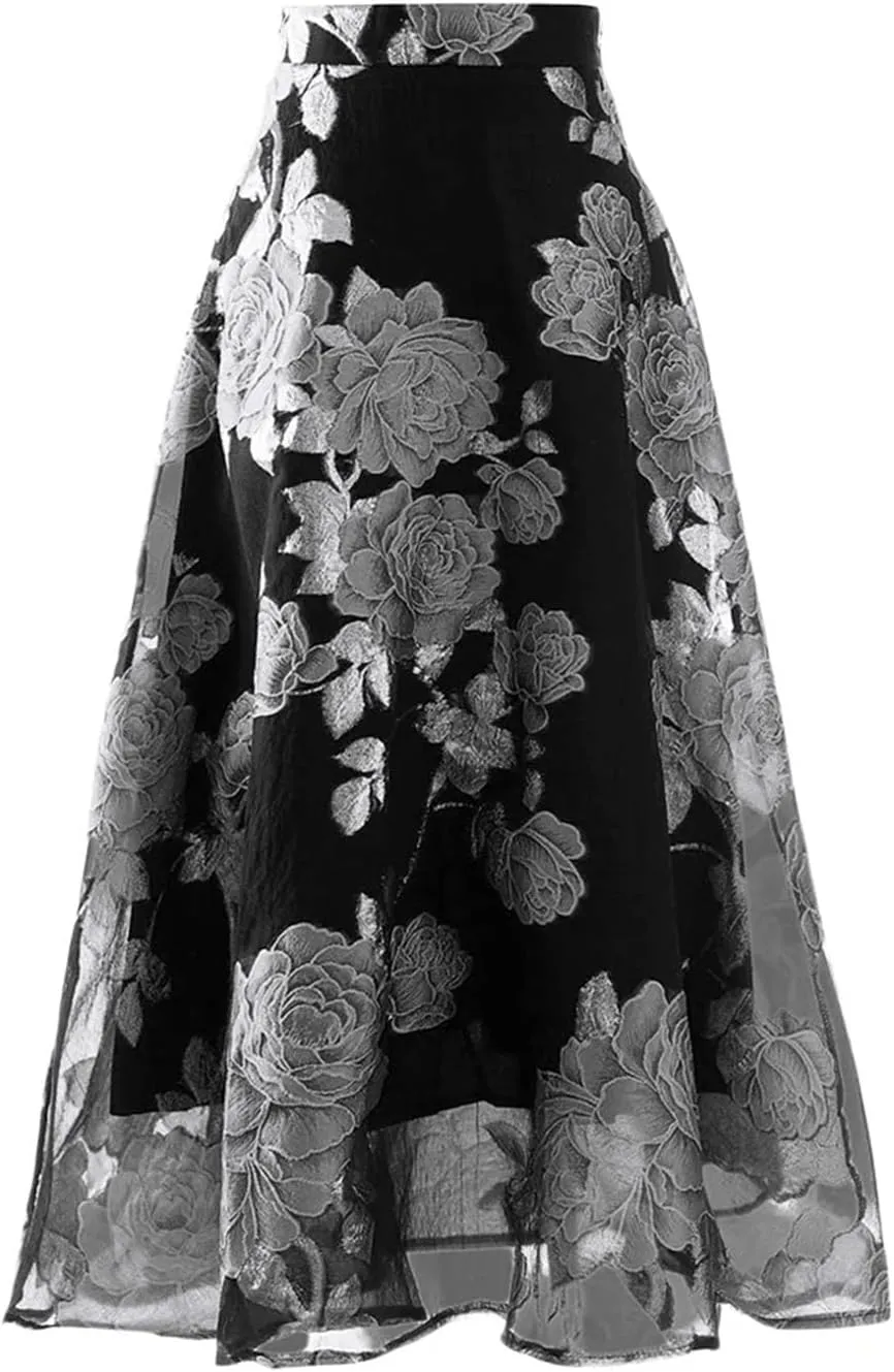 Women Summer Mid-Length High Waist A-Line Midi Skirts Vintage Embroidered Floral Organza Skirt