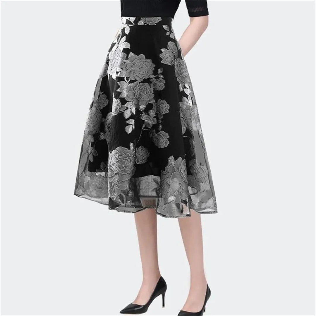 Women Summer Mid-Length High Waist A-Line Midi Skirts Vintage Embroidered Floral Organza Skirt