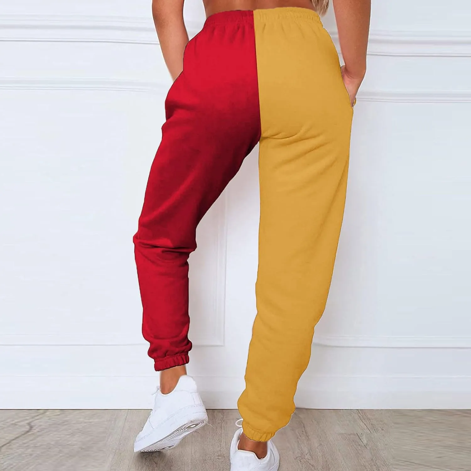 Women Sweatpant Casual Color Block Patchwork Trouser Elastic High Waist Drawstring Joggers Baggy Pants with Pockets