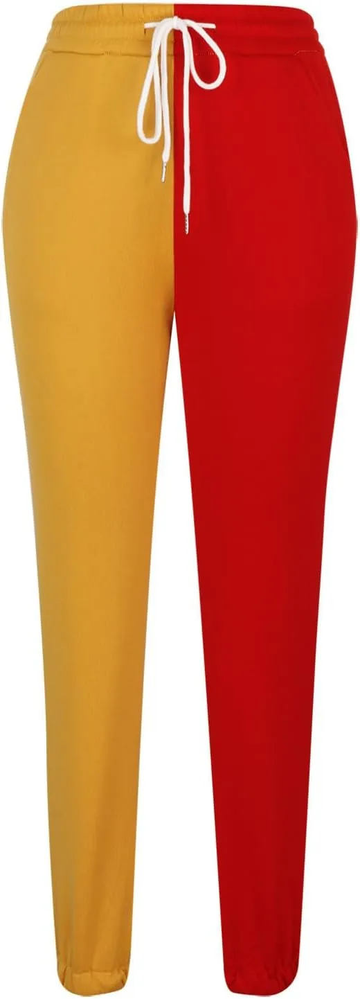 Women Sweatpant Casual Color Block Patchwork Trouser Elastic High Waist Drawstring Joggers Baggy Pants with Pockets