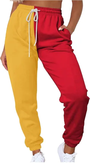 Women Sweatpant Casual Color Block Patchwork Trouser Elastic High Waist Drawstring Joggers Baggy Pants with Pockets