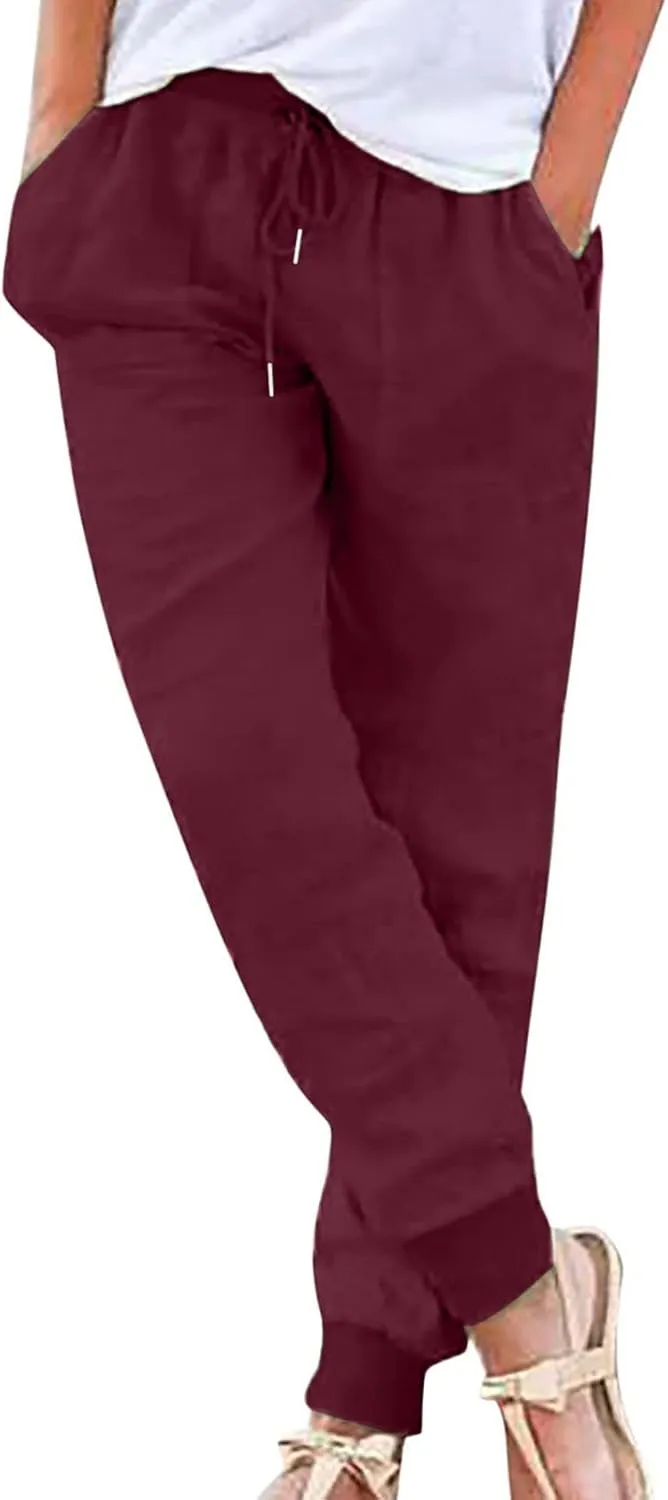 Women Tapered Pant Cotton Linen Drawstring Elastic Waist Pants Summer Casual Classic Petite Trouser Slacks with Pocket