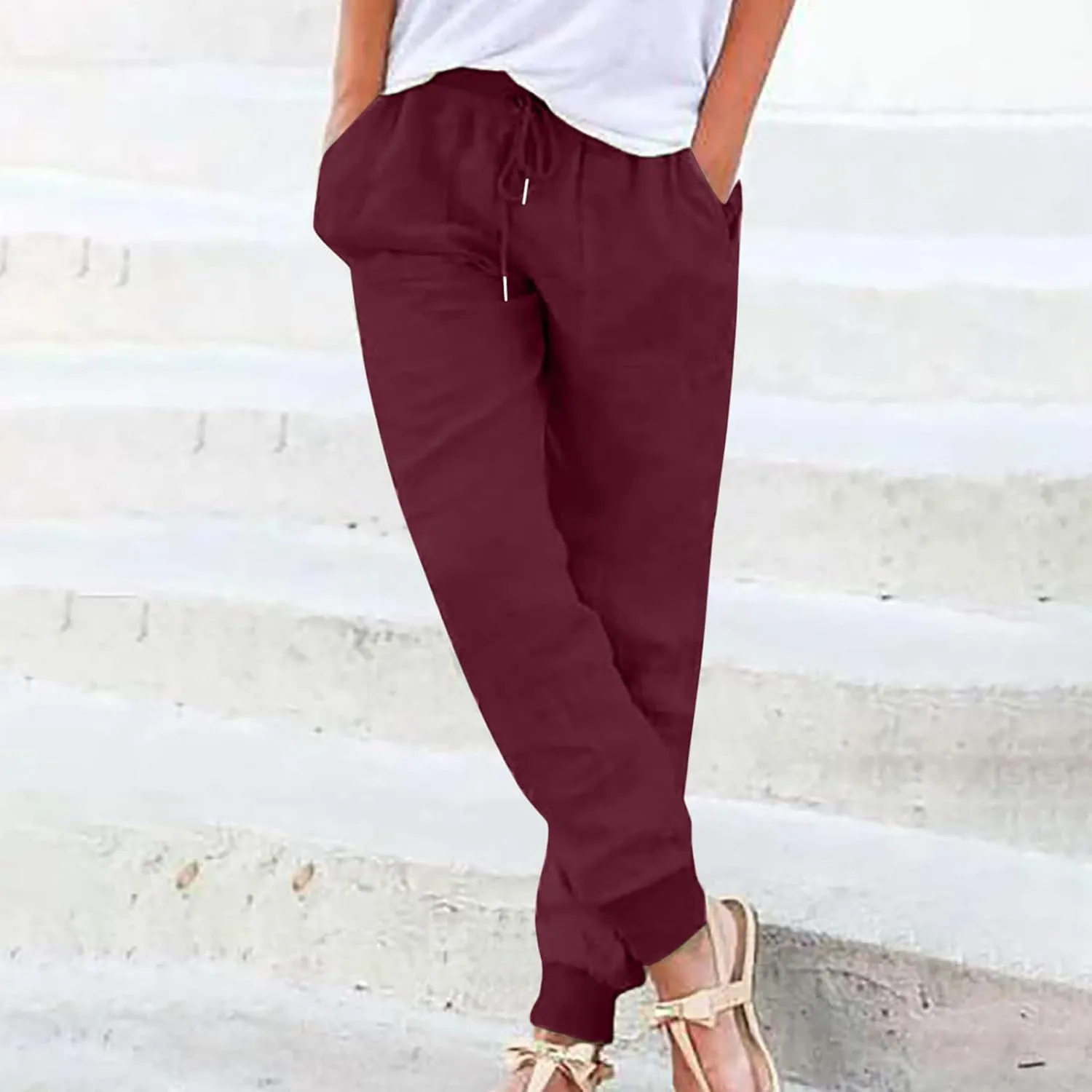 Women Tapered Pant Cotton Linen Drawstring Elastic Waist Pants Summer Casual Classic Petite Trouser Slacks with Pocket
