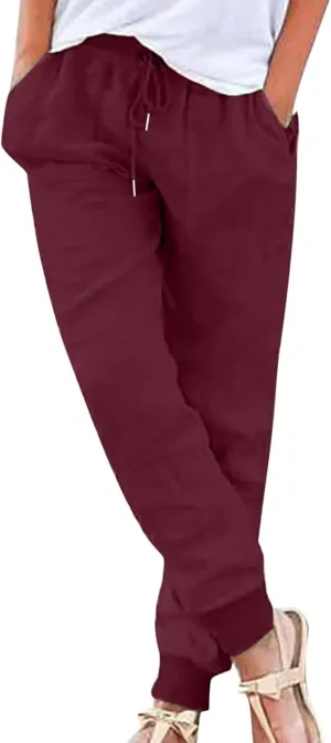 Women Tapered Pant Cotton Linen Drawstring Elastic Waist Pants Summer Casual Classic Petite Trouser Slacks with Pocket