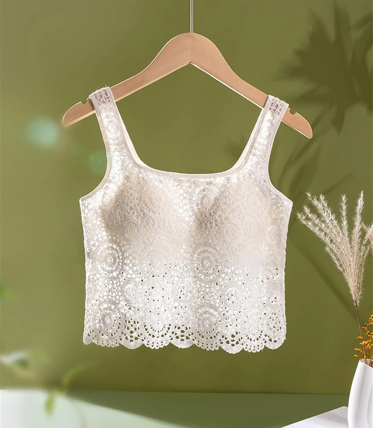Women White Lace Mesh Tank Top Young Girls Built in Bras Outside Camisole Breathable Stretch Underwear Summer