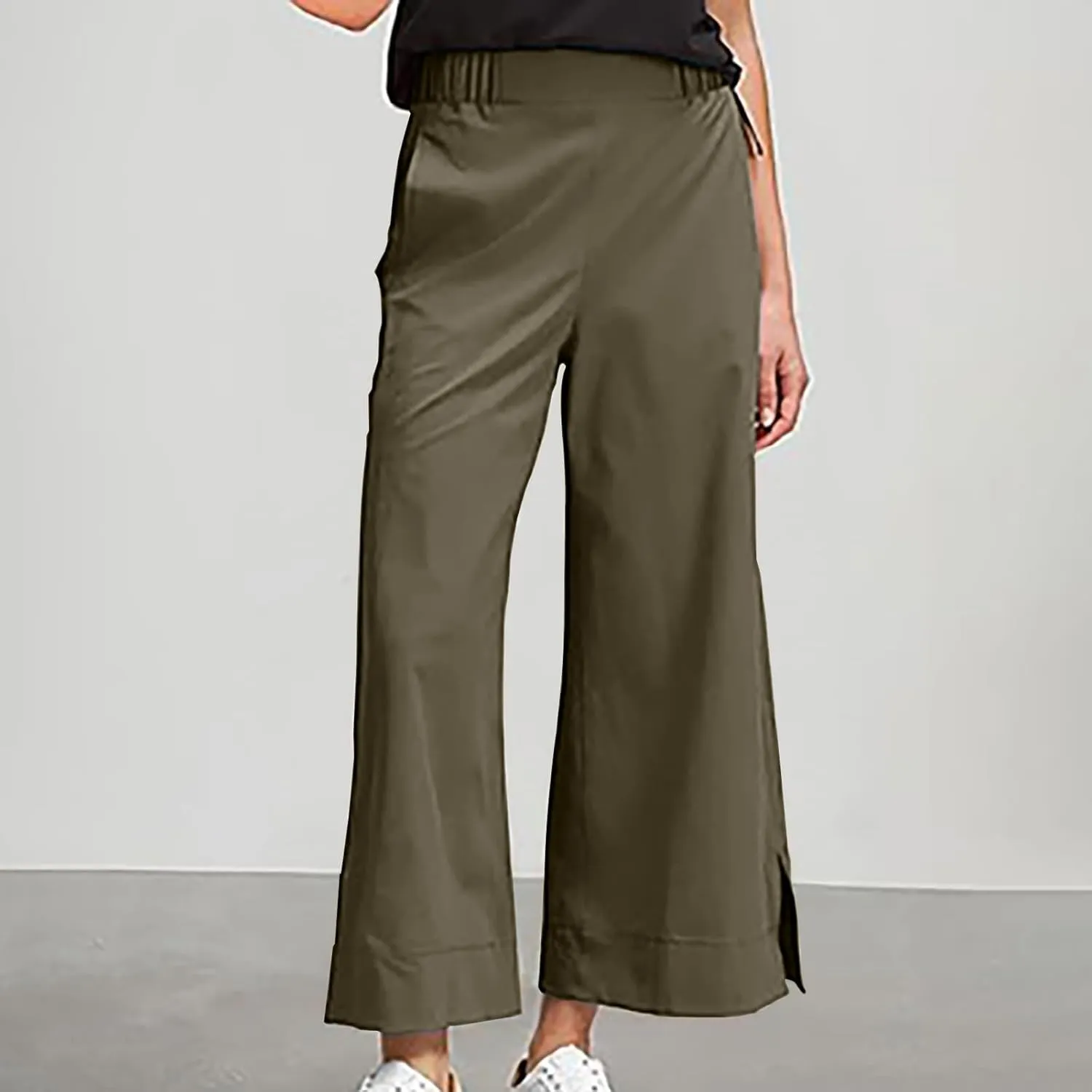 Women Wide Leg Cotton Linen Pants Elastic High Waisted Side Slit Boho Trousers with Pocekts Business Casual Outfits